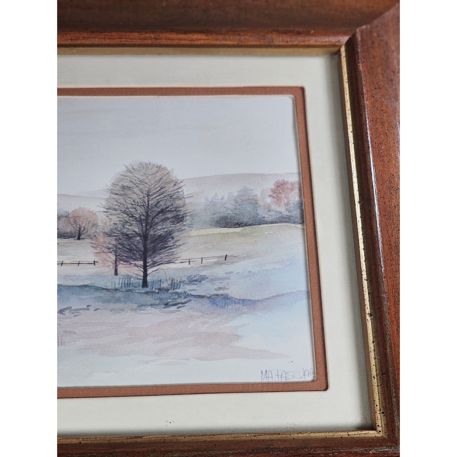 Vintage Framed Winter Landscape Print Signed, Rustic Wood Frame 14x13
