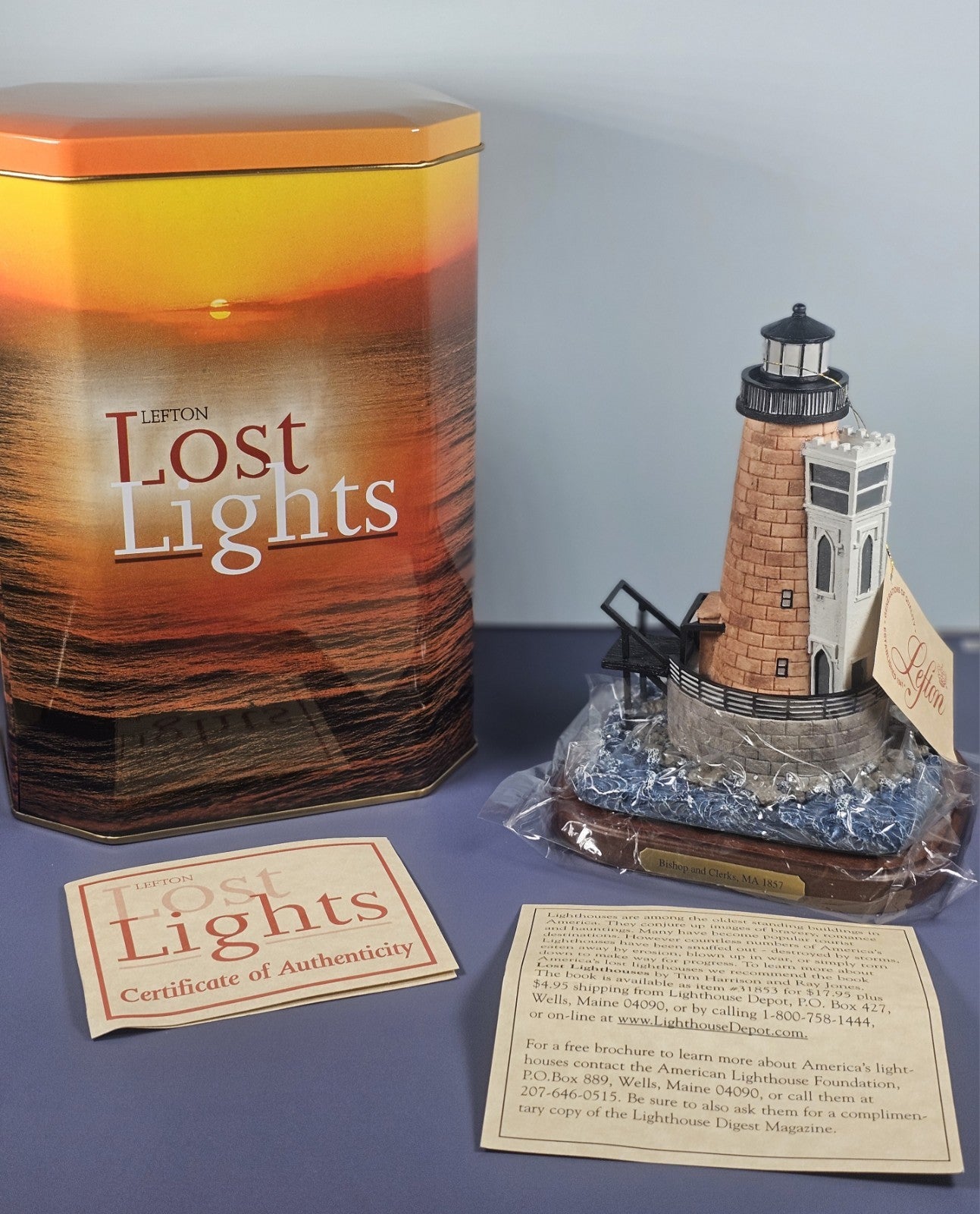 Lefton Lost Lights Bishop & Clerks MA 1857 Lighthouse Figurine With Tin & COA