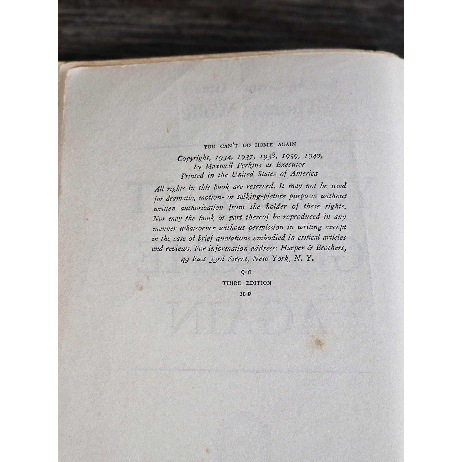 You Can't Go Home Again Thomas Wolfe 1940 HC Third Ed Worn Copy