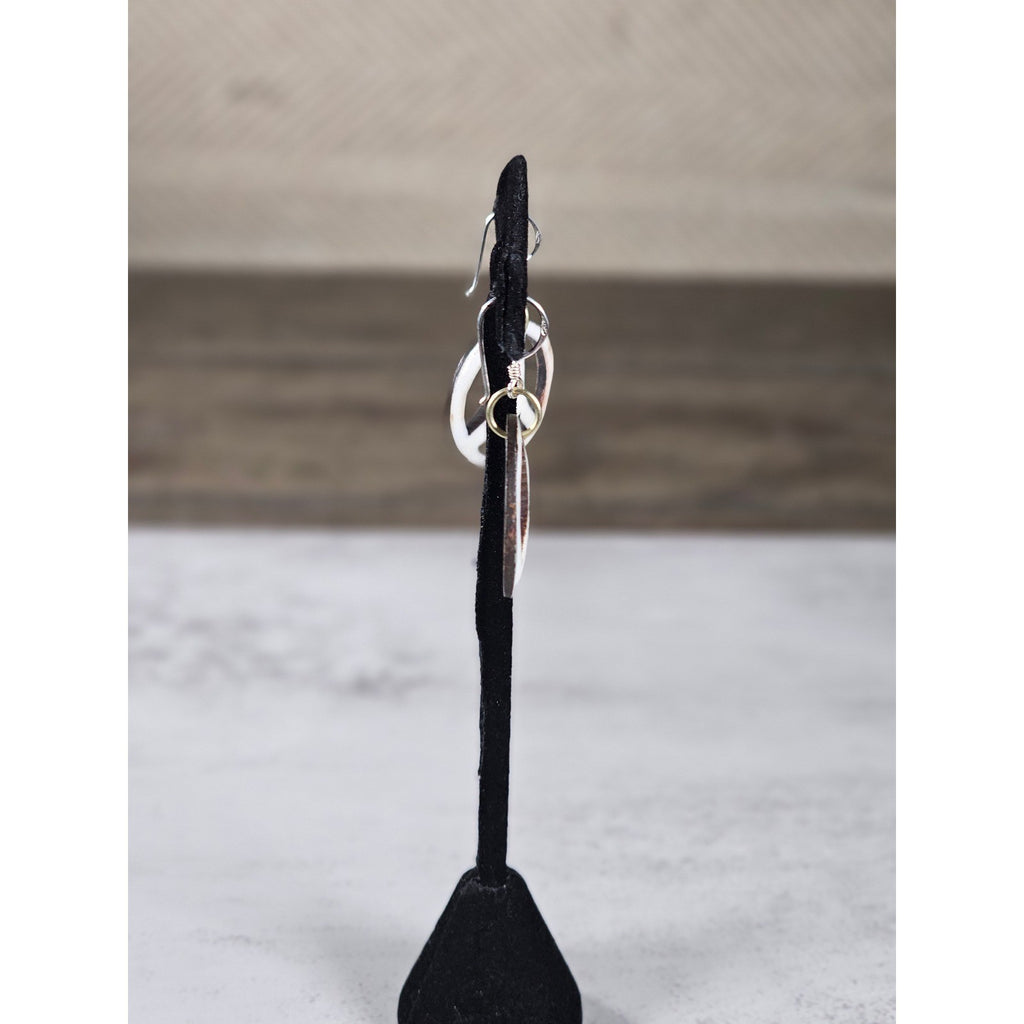 Vintage Boho Peace Sign Dangle Earrings Sterling Silver Hooks White Brown 1.5"