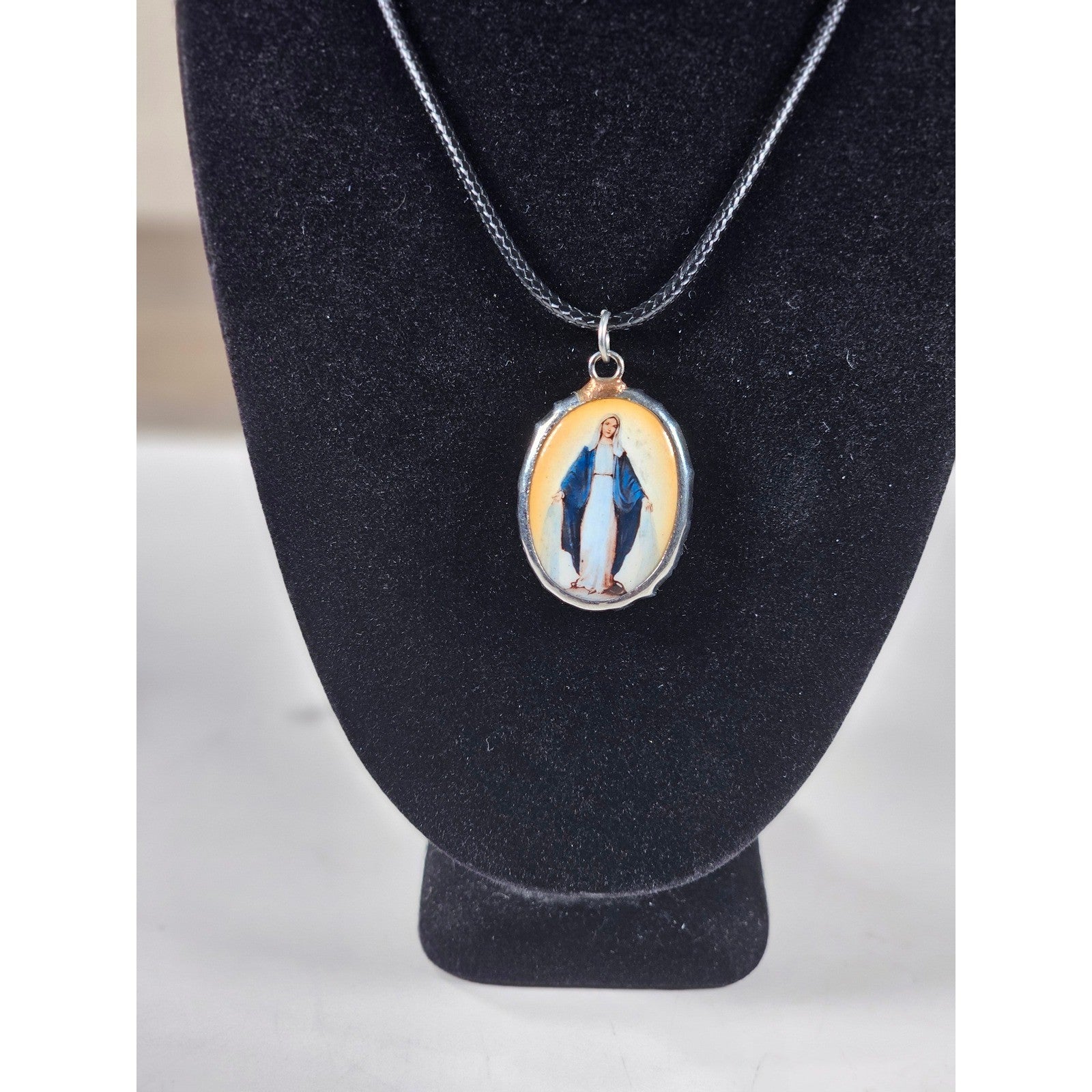 Vintage Amber Halo Madonna Pendant Necklace Religious Charm