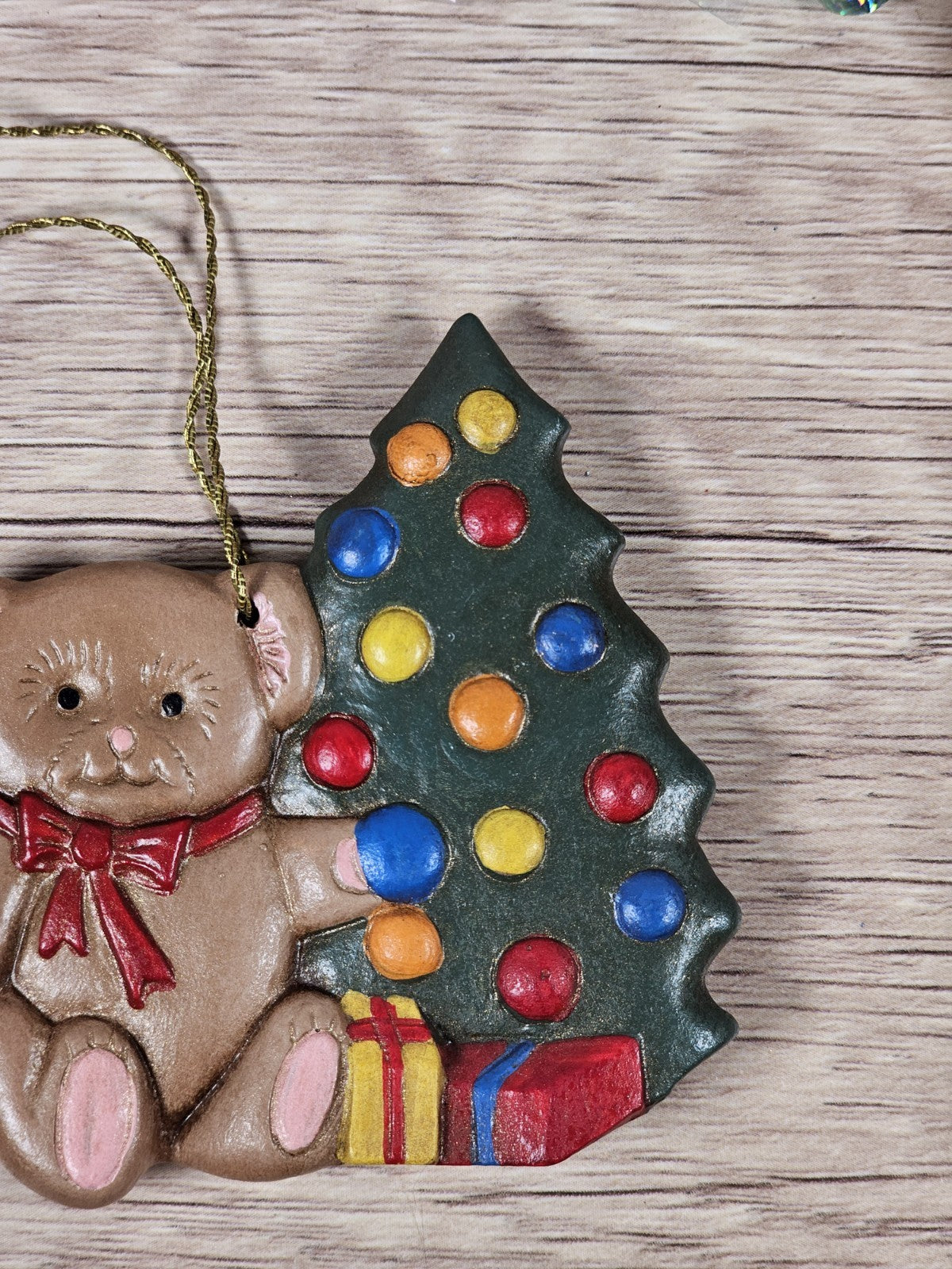 Vintage 90s Teddy Bear & Christmas Tree Ceramic Ornament