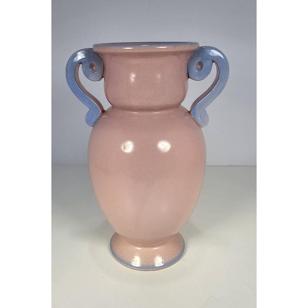 Vintage Pink Crackle Glaze Vase Blue Handles Floral Ceramic