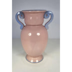 Vintage Pink Crackle Glaze Vase Blue Handles Floral Ceramic