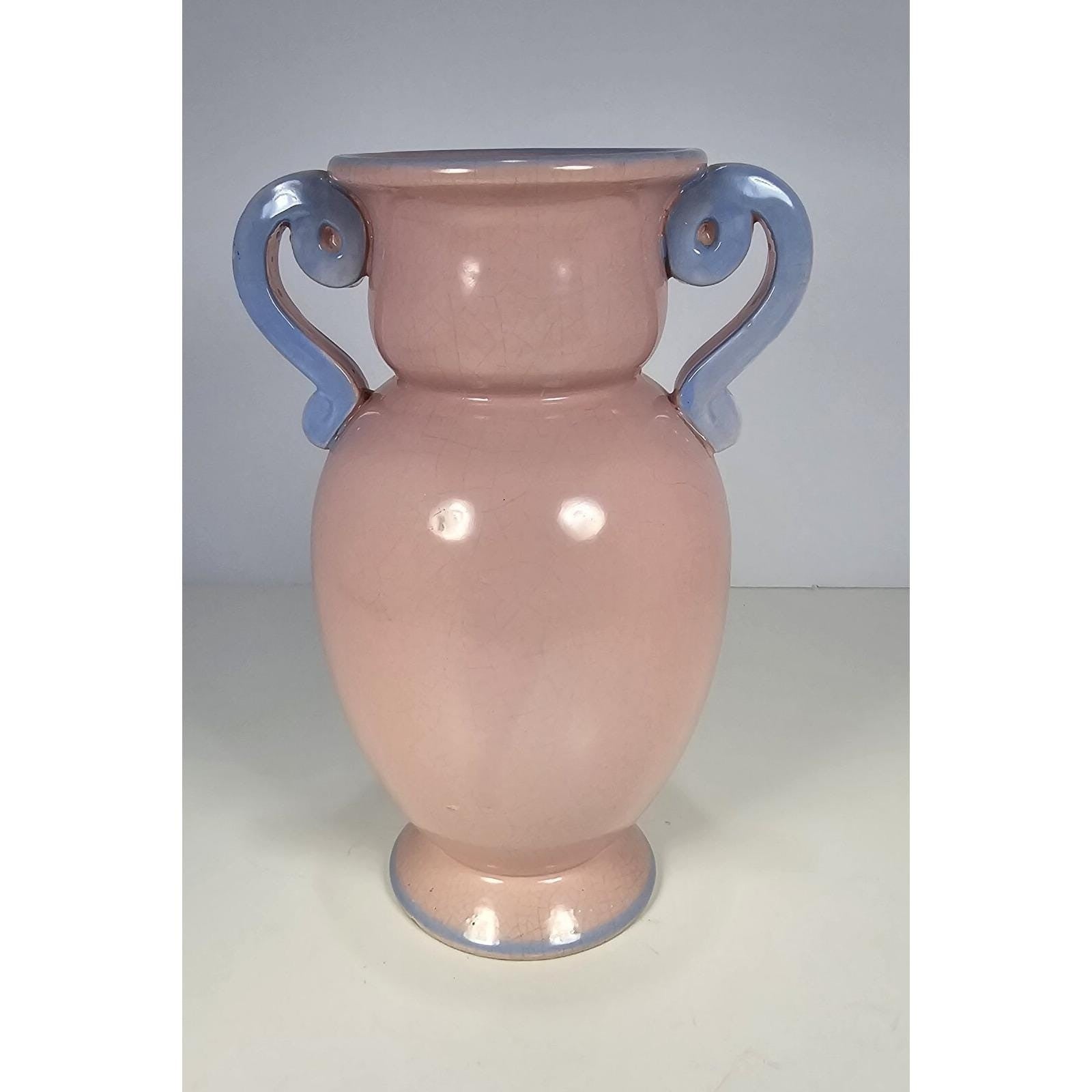 Vintage Pink Crackle Glaze Vase Blue Handles Floral Ceramic