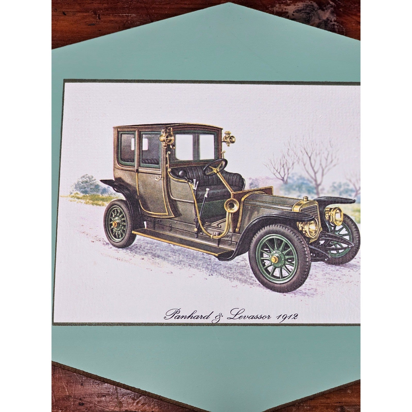 Vintage Panhard & Levassor 1912 Automobile Wall Plaque Teal 11.5 x 8