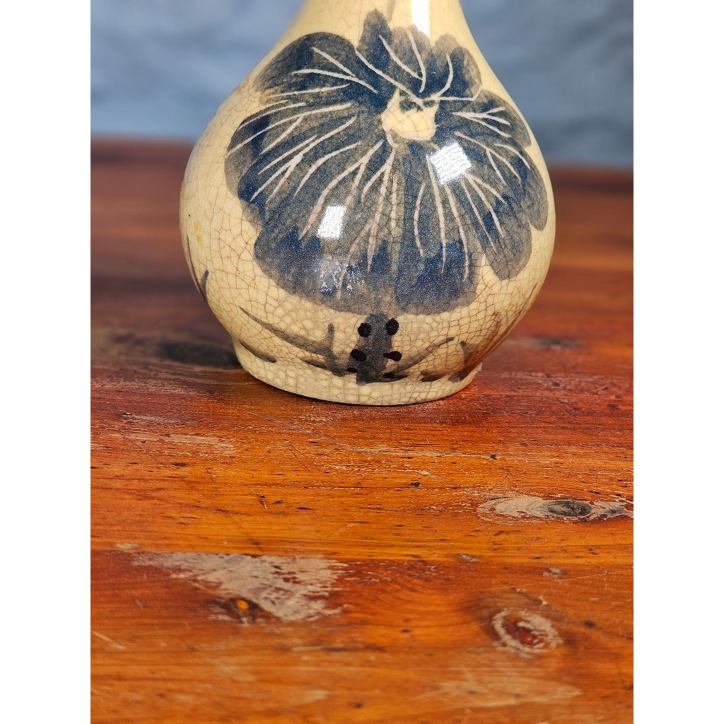 Vintage Pottery 5 Inch Bud Vase Hand Painted Lotus Flower Crackle Glaze
