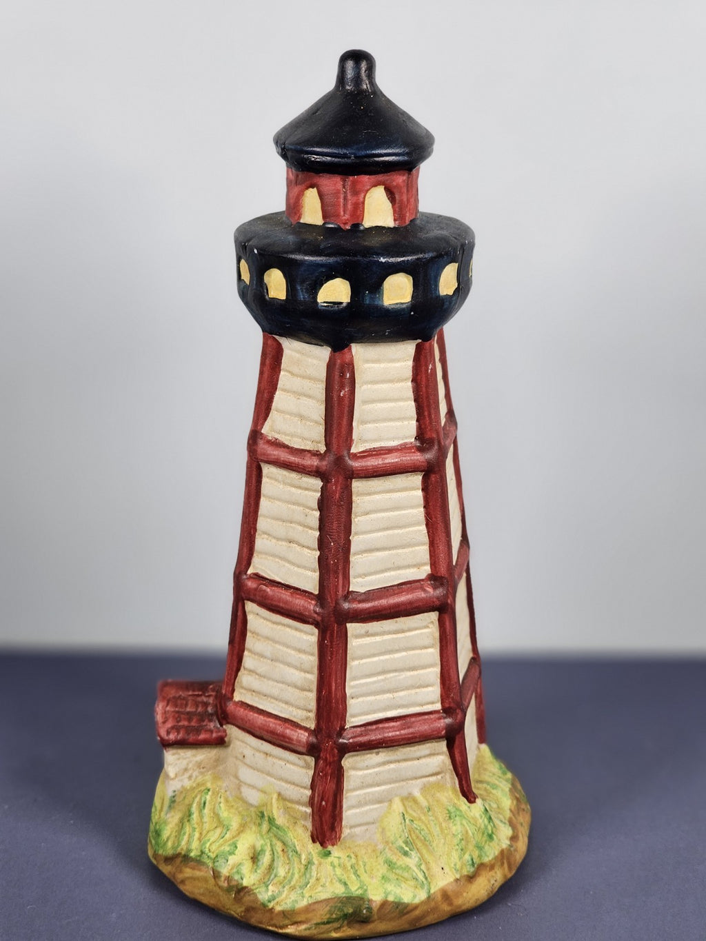 Vintage Ks Collection Beige Wood Design Red Stripe Design Lighthouse 6" Tall C
