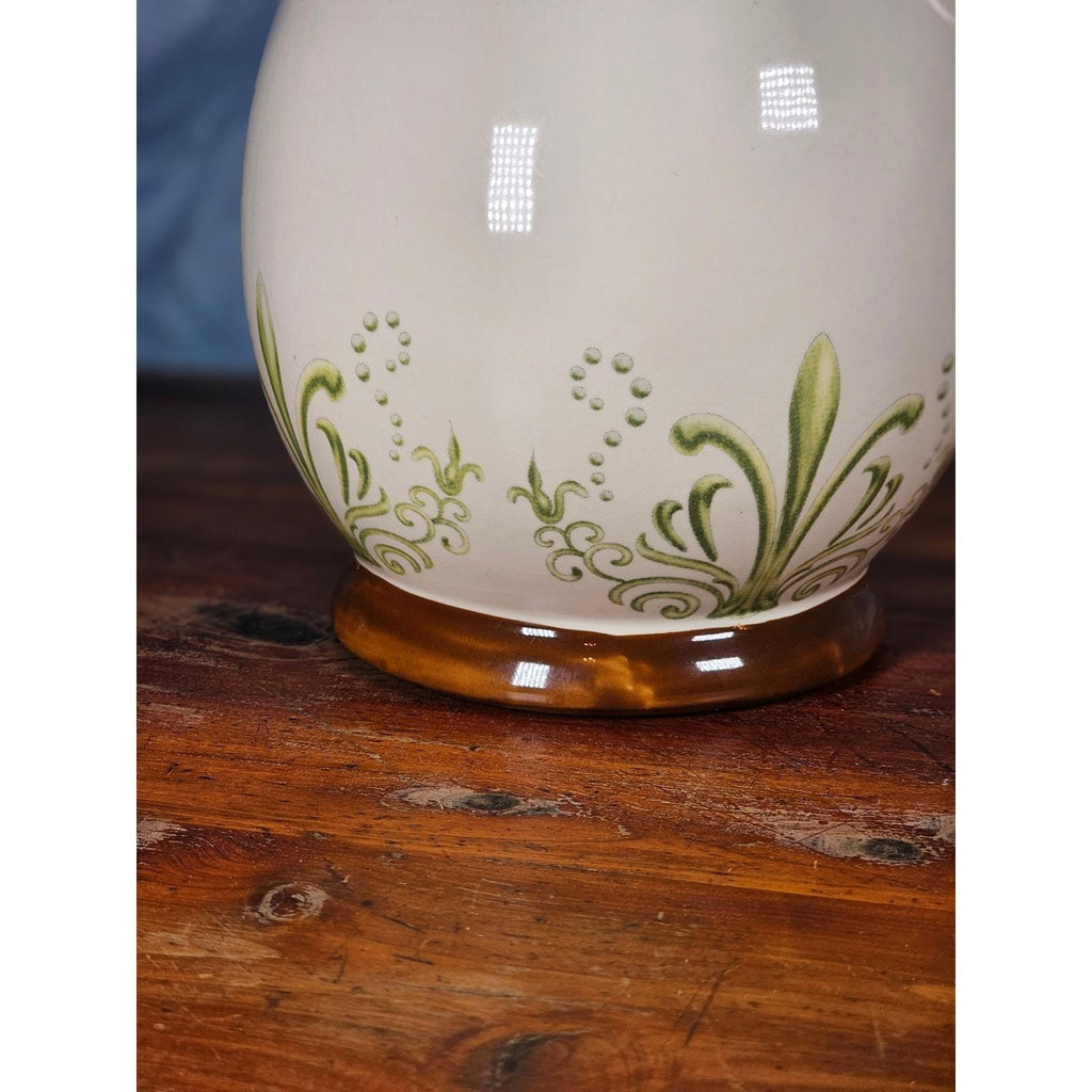 Vintage Ceramic Pitcher Cream Floral Green Brown Handle Holiday Petaluma