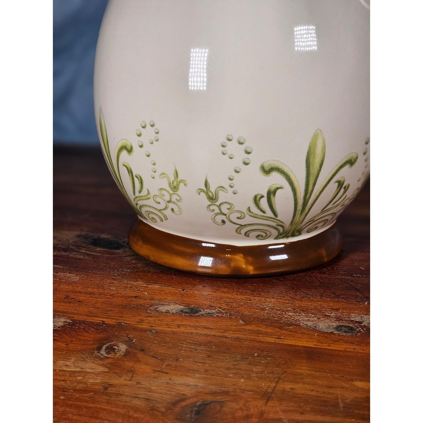 Vintage Ceramic Pitcher Cream Floral Green Brown Handle Holiday Petaluma