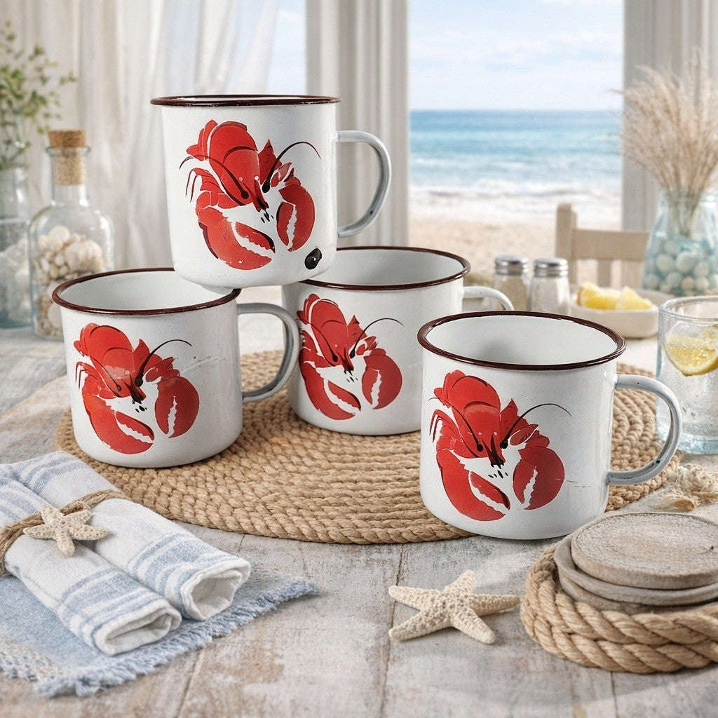 Vintage Lobster Handle Enamel Camp Mugs Set of 4 16oz Rustic Outdoor Kitchen