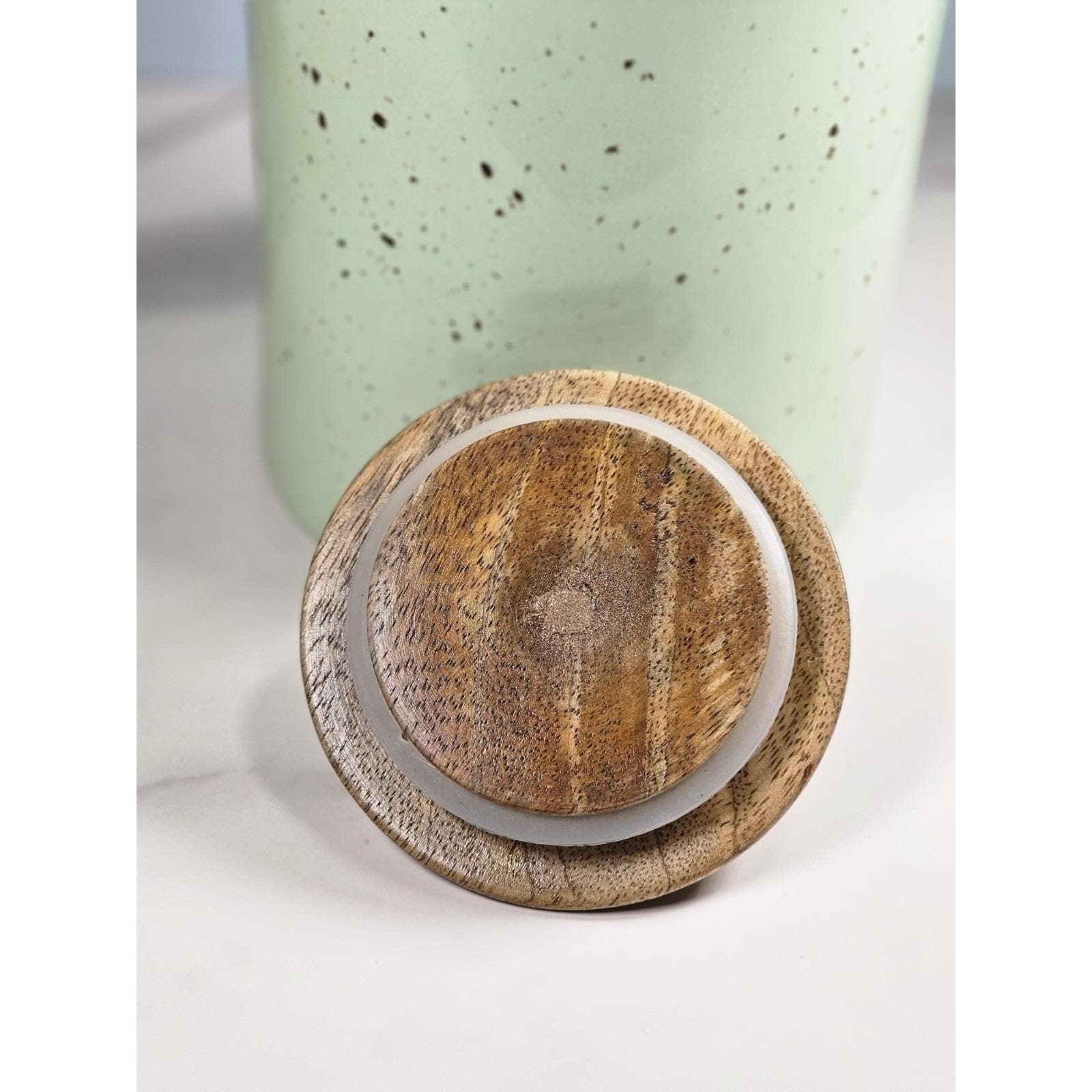 Vintage Pier 1 Mint Green Speckled Canister with Wooden Lid