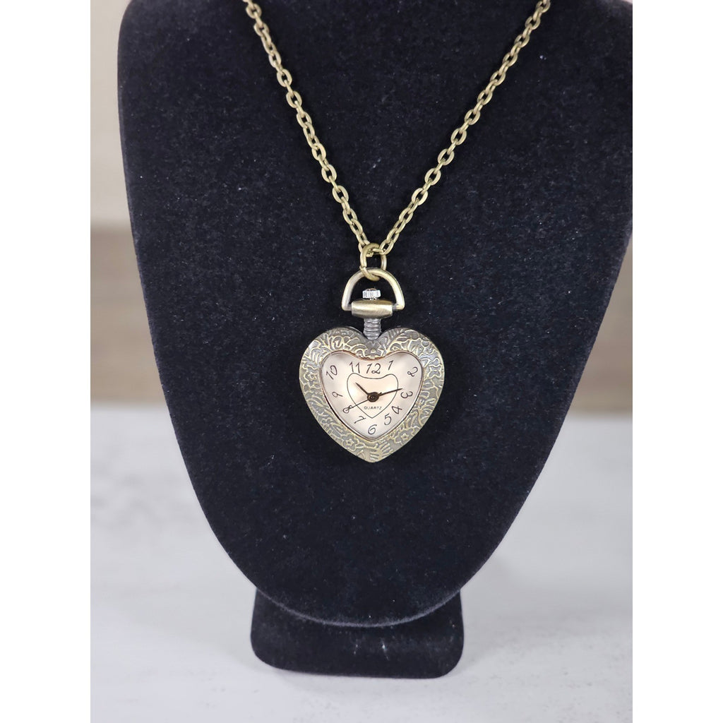 Vintage Heart Pocket Watch Necklace, Quartz Pendant, Gold Tone Chain