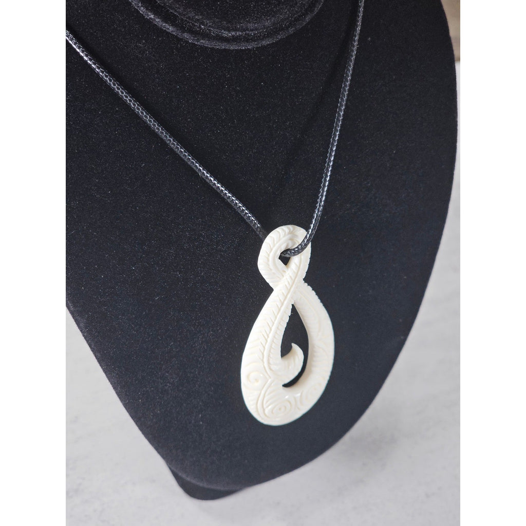 Vintage Carved Bone Hei Matau Fish Hook Pendant Necklace