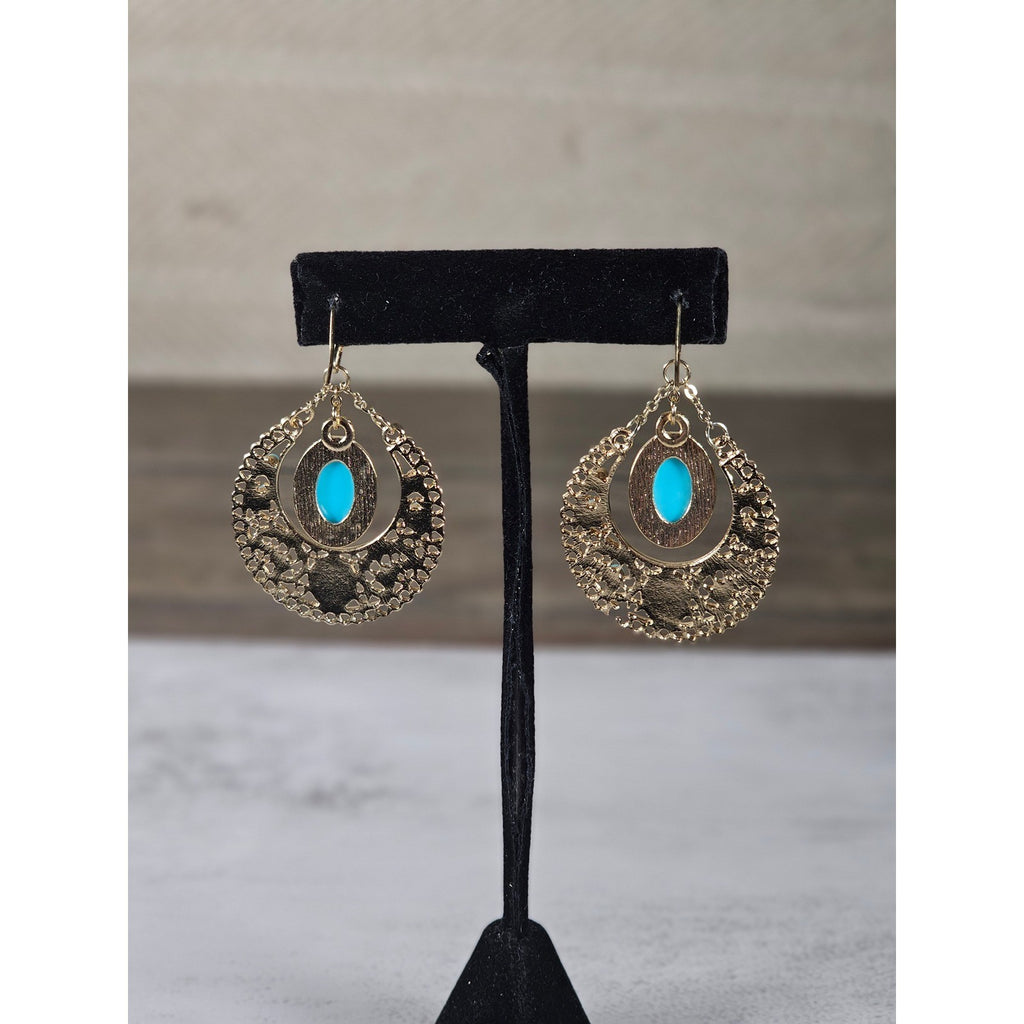 Vintage Gold Filigree Turquoise Drop Earrings Boho Statement