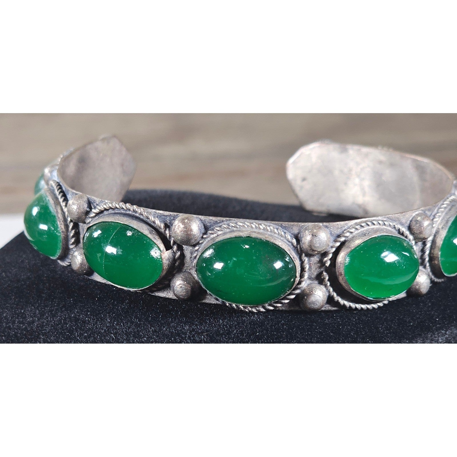 Vintage Green Cabochon Cuff Bracelet Silver Tone Statement
