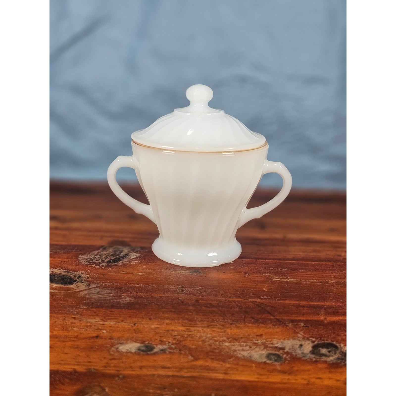 Vintage Milk Glass Sugar Bowl with Lid Gold Trim Fluted Handles