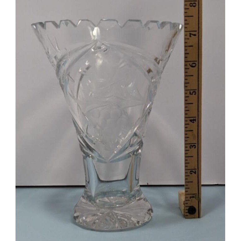 Vintage Cut Crystal Trumpet Vase Starburst Pedestal Vase 7.5 Inch