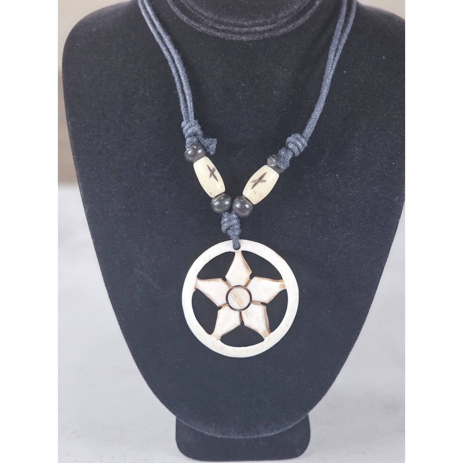 Vintage Carved Floral Pendant Necklace Black Cord Boho Statement