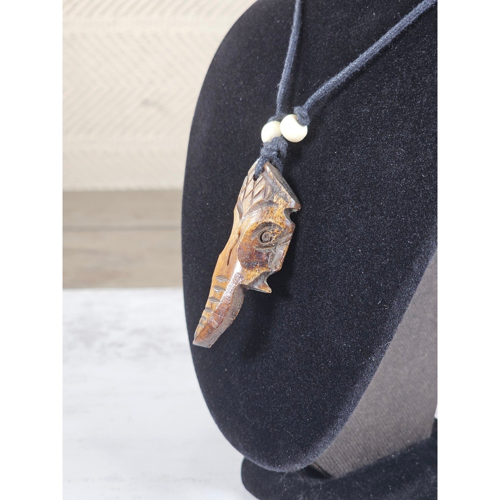 Vintage Hand Carved Tribal Mask Pendant Necklace Wood Beaded Cord