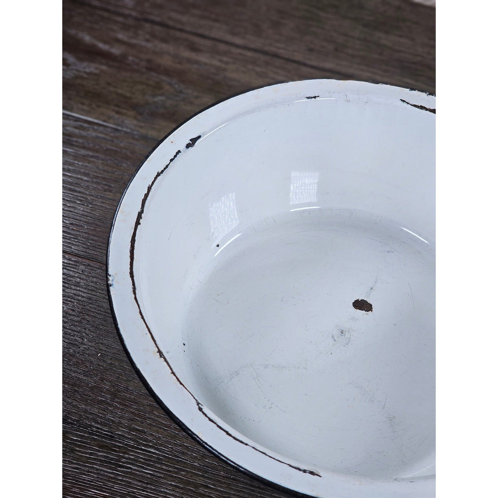 Vintage White Enamel Wash Basin Bowl Black Rim Rustic Farmhouse