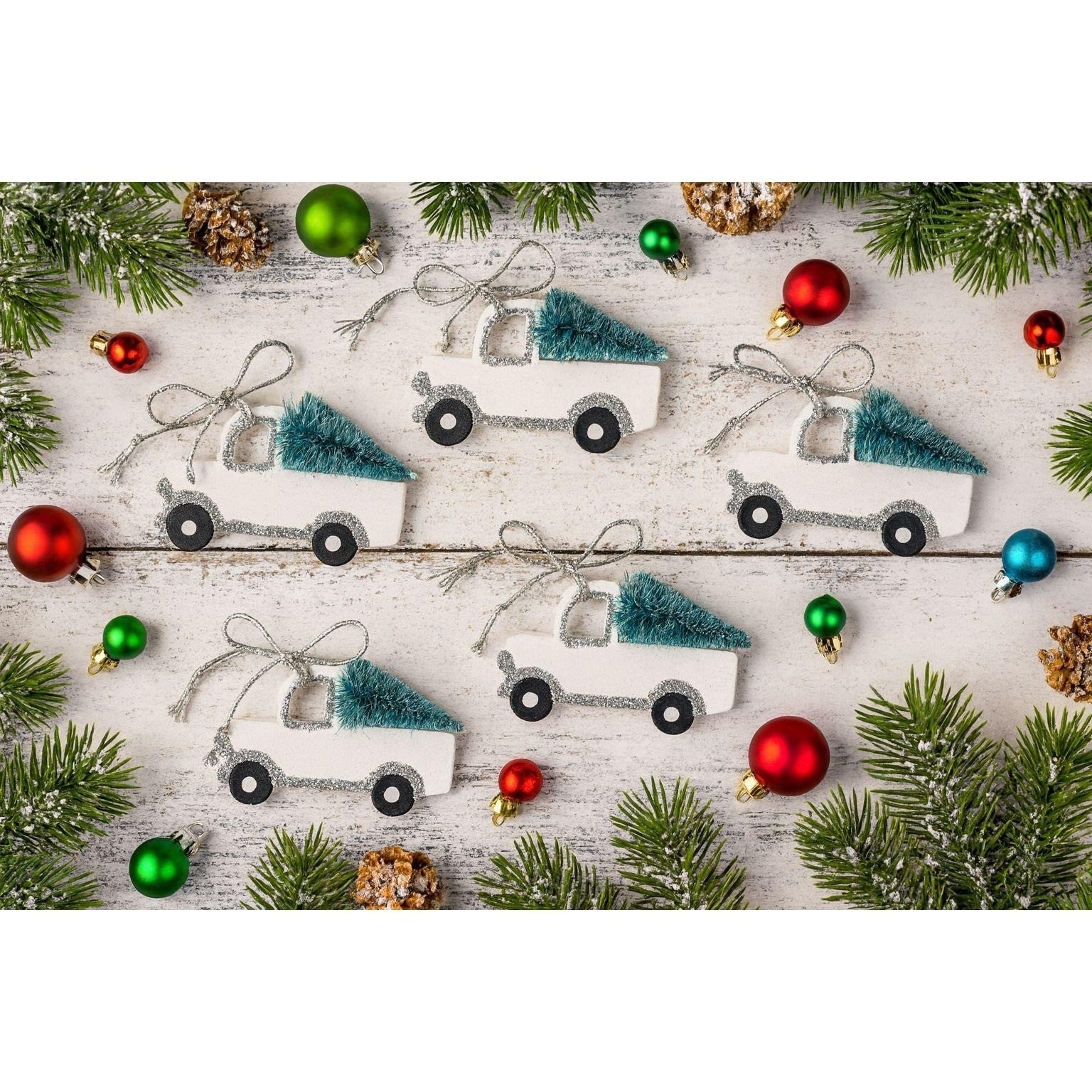 Set of 5 White Pickup Truck Christmas Ornaments with Tree Glitter Holiday Decor