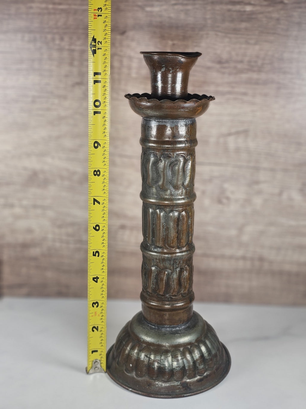Antique Tinned Copper Candlestick Holder Ornate Embossed Design 12" Tall