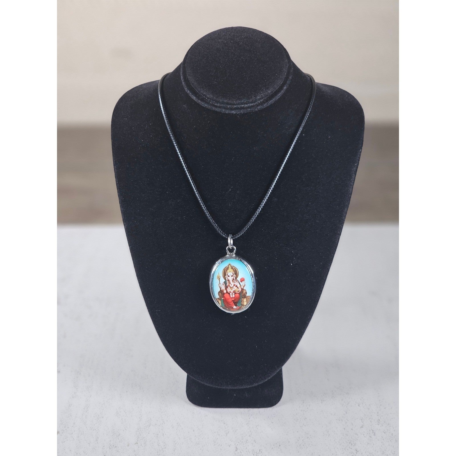 Vintage Ganesha Pendant Necklace Black Cord Hindu Deity Charm