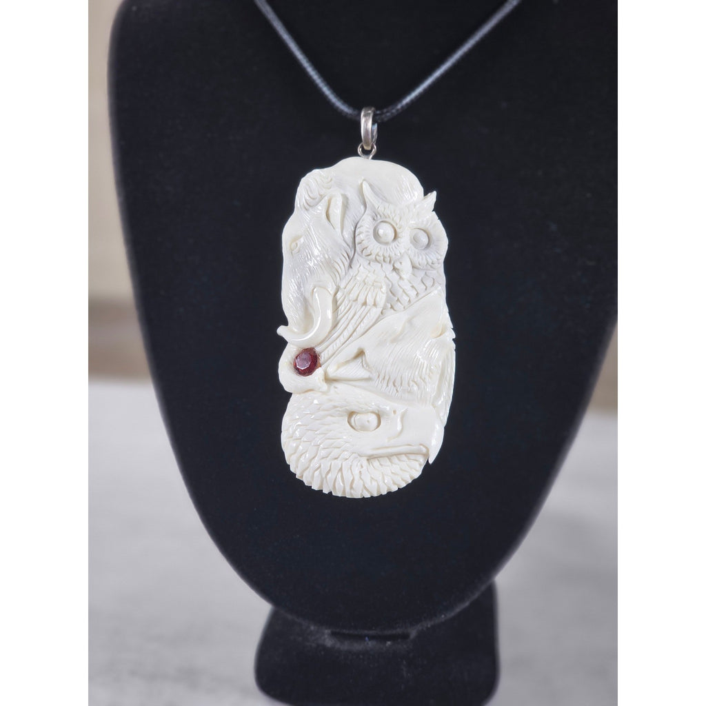 Vintage Carved Pendant Necklace Owl Elephant Red Accent