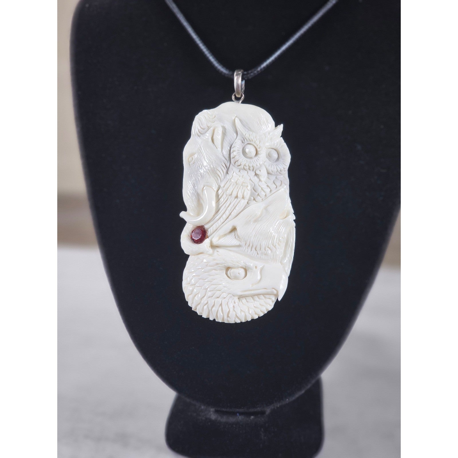 Vintage Carved Pendant Necklace Owl Elephant Red Accent