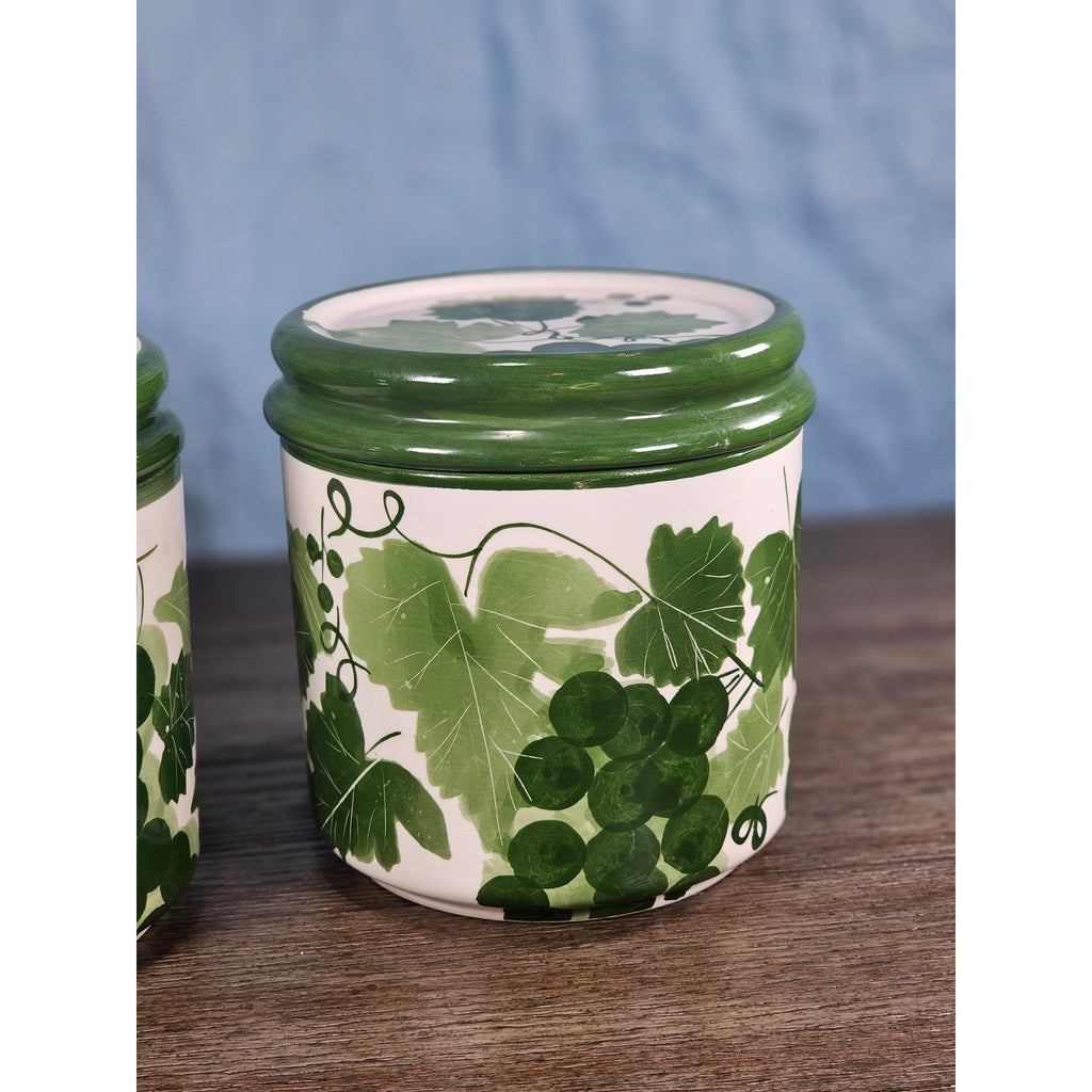 Vintage Grape Leaf Canisters with Lids – Set of 2 – Green Ceramic
