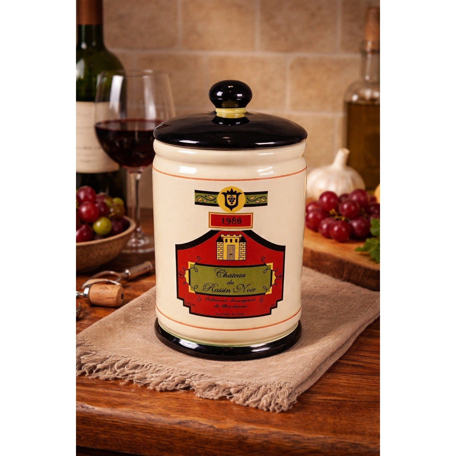 Vintage OGGI 9" Wine Label Canister Jar Chateau du Raisin Noir 1986