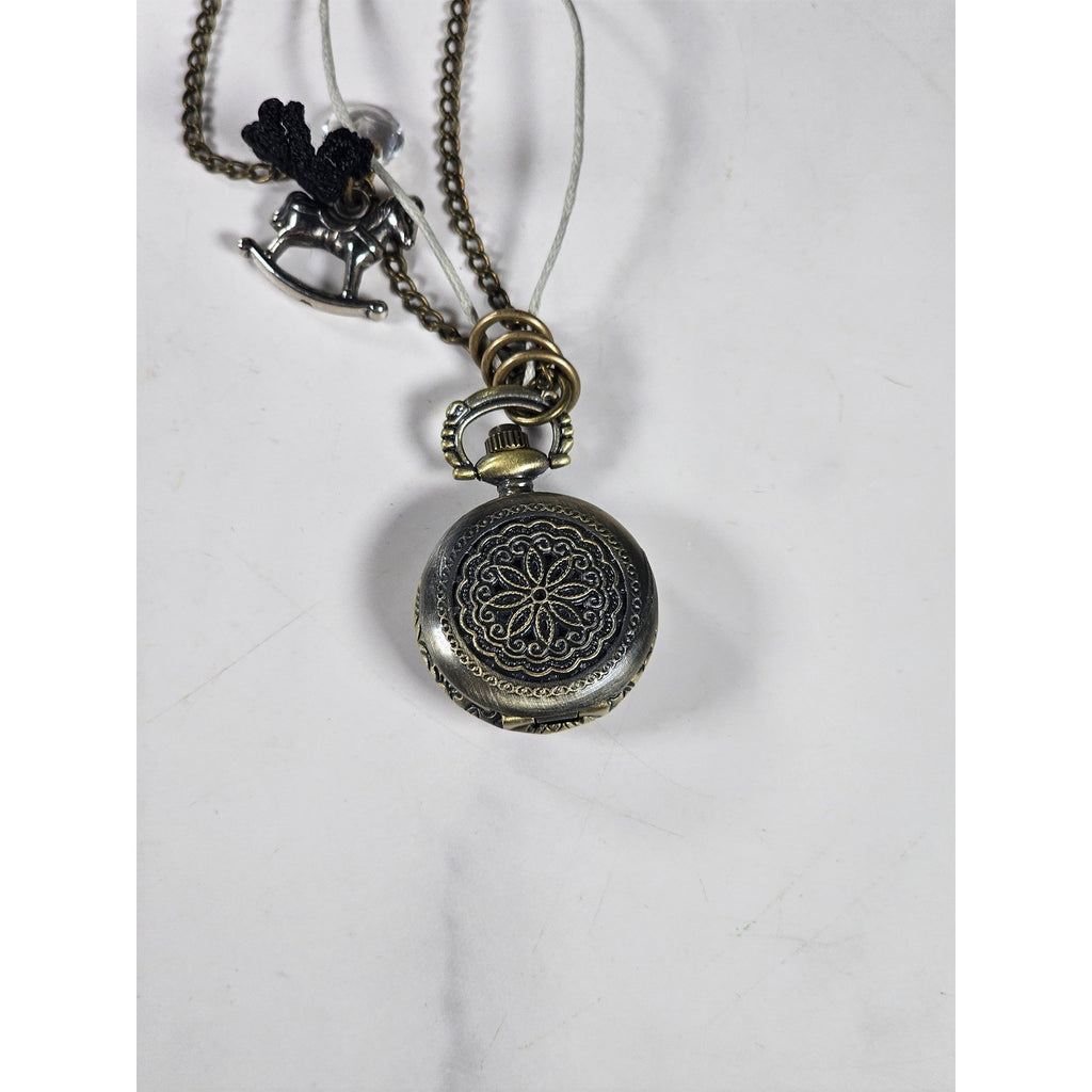 Vintage Pocket Watch Necklace Rocking Horse Charm Long Chain