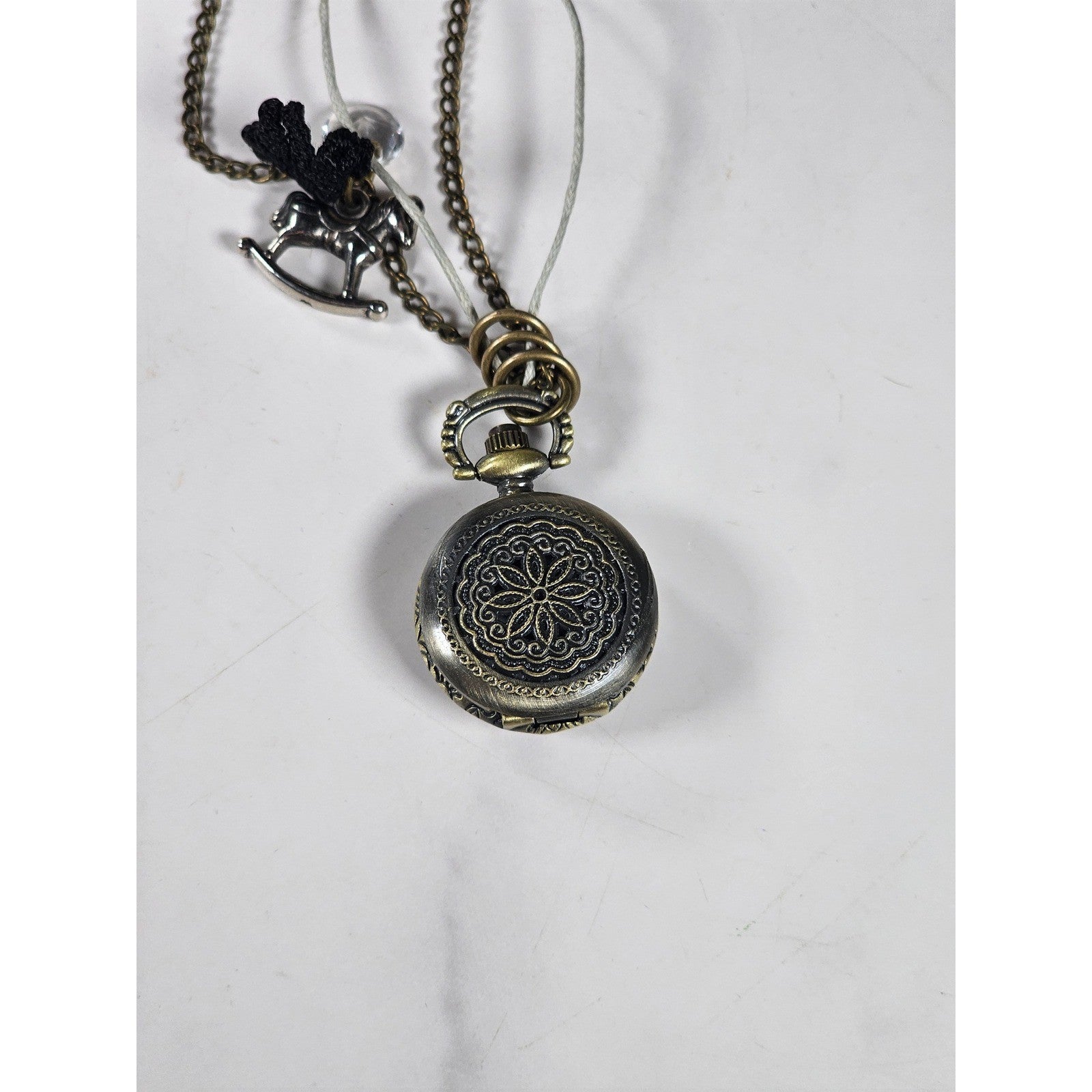 Vintage Pocket Watch Necklace Rocking Horse Charm Long Chain
