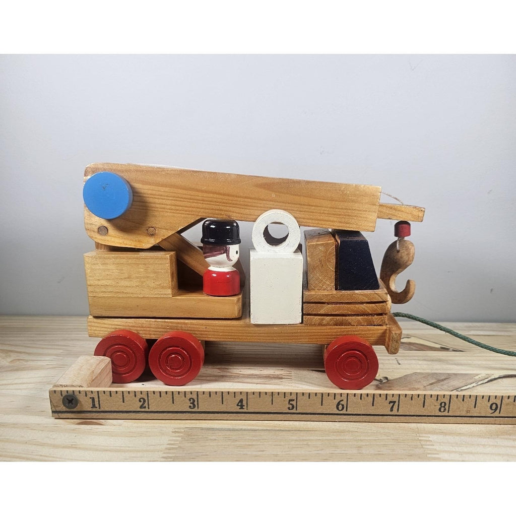 Vintage Wooden Crane Truck Pull Toy Mid Century Construction Toy