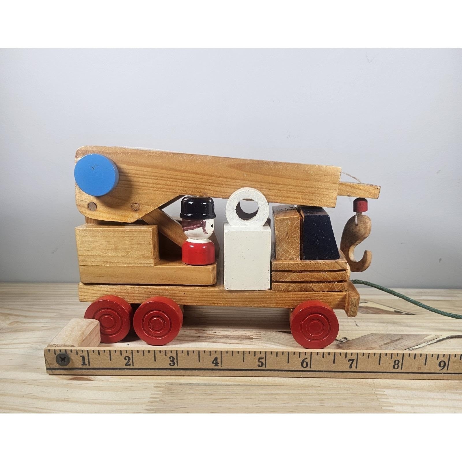 Vintage Wooden Crane Truck Pull Toy Mid Century Construction Toy