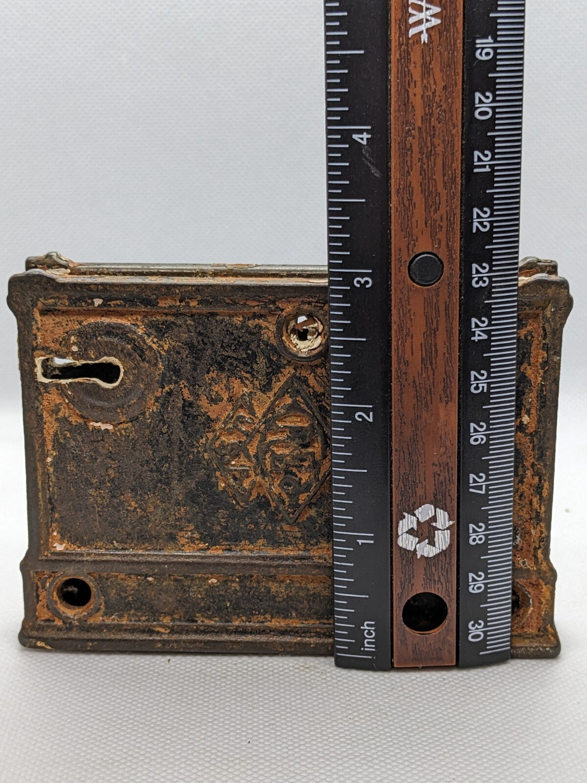 Antique Pye Co Cast-Iron Rim Lock with Aged Patina 4"x3"x0.5"