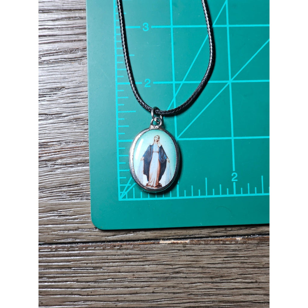 Vintage Madonna Pendant Necklace Blue Enamel Oval Cross Back