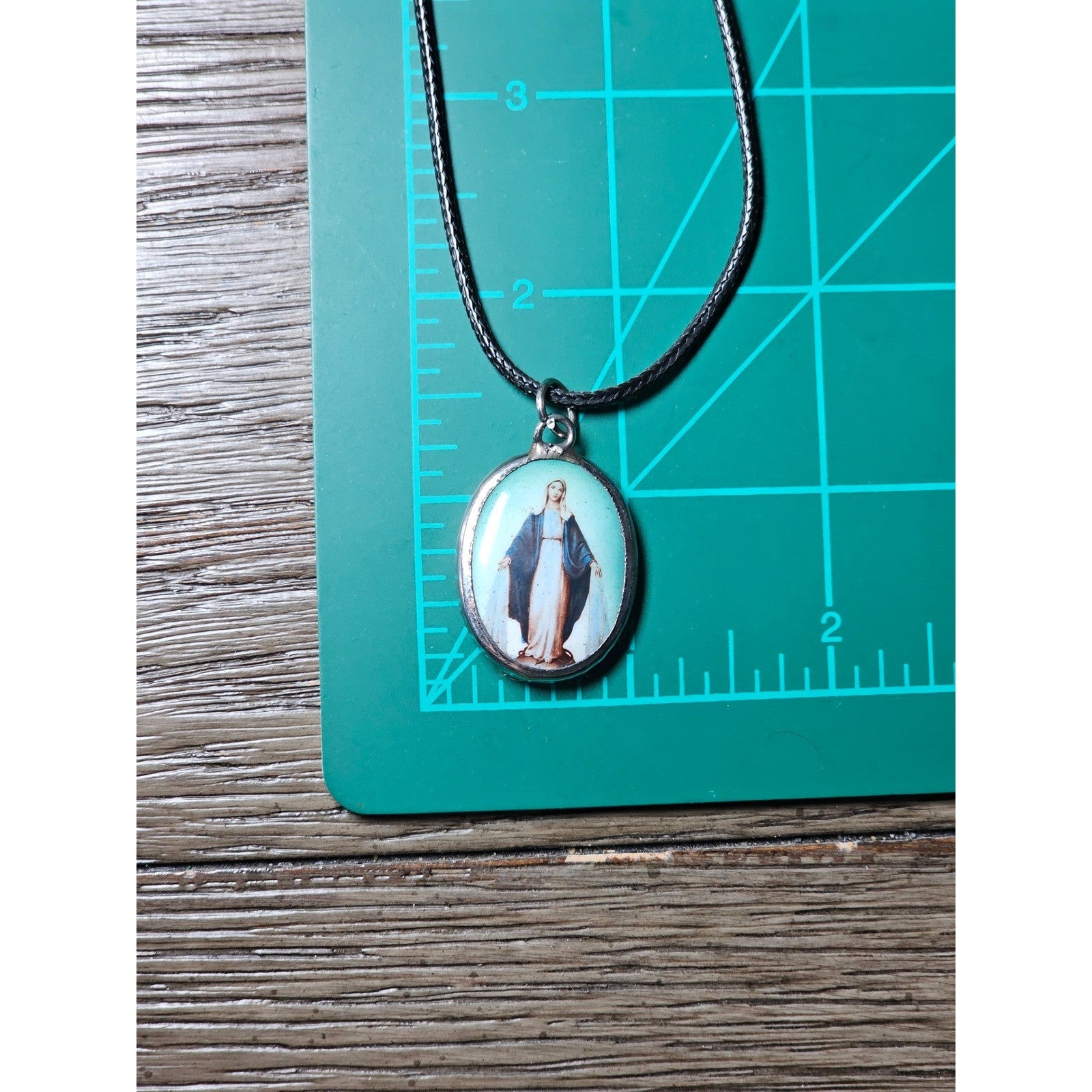 Vintage Madonna Pendant Necklace Blue Enamel Oval Cross Back