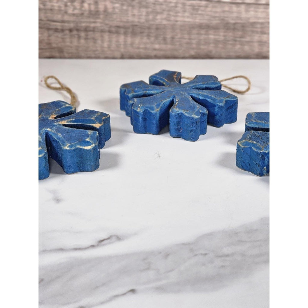 Rustic Blue Snowflake Ornaments Set of 3 Wood Farmhouse Christmas Decor