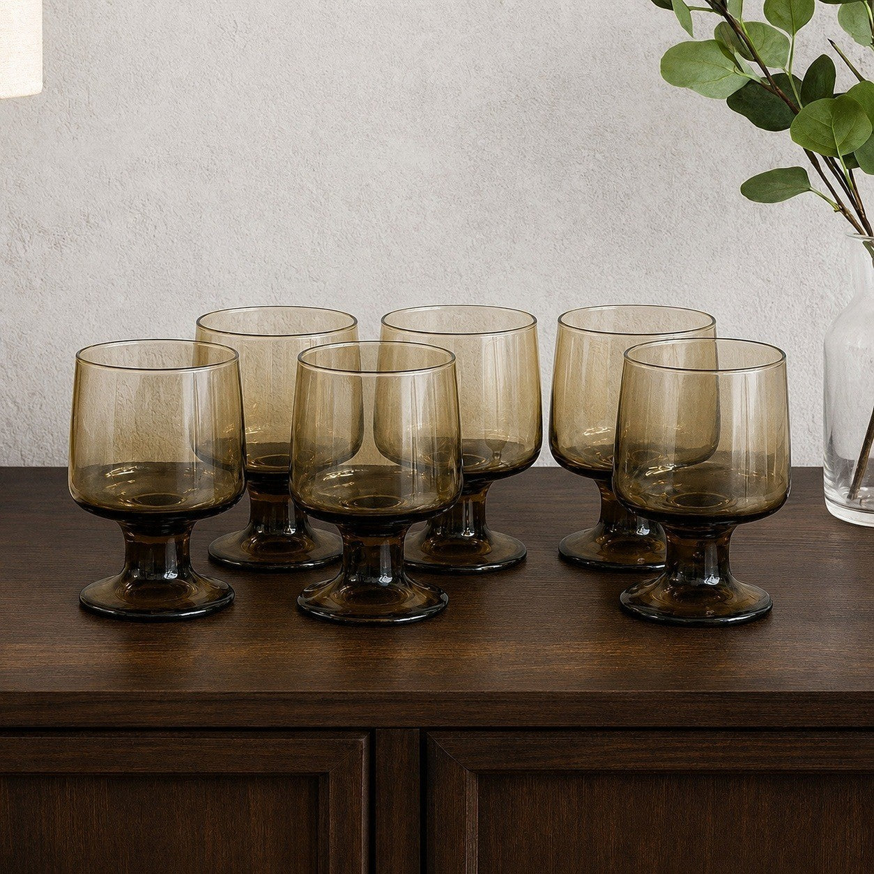 Mid Century Smokey Glass Goblets Set of 6 Vintage Footed Wine Glasses