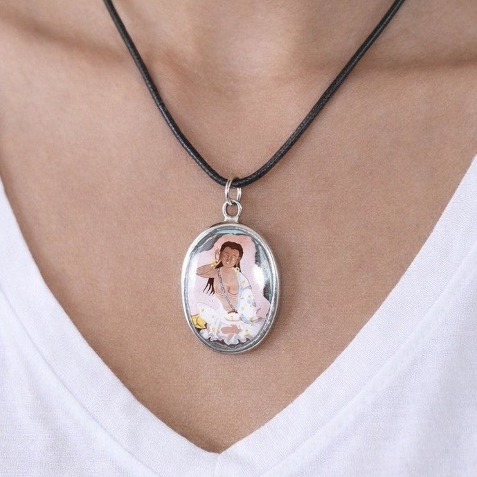 Vintage Oval Art Pendant Necklace Silver Tone on Black Cord