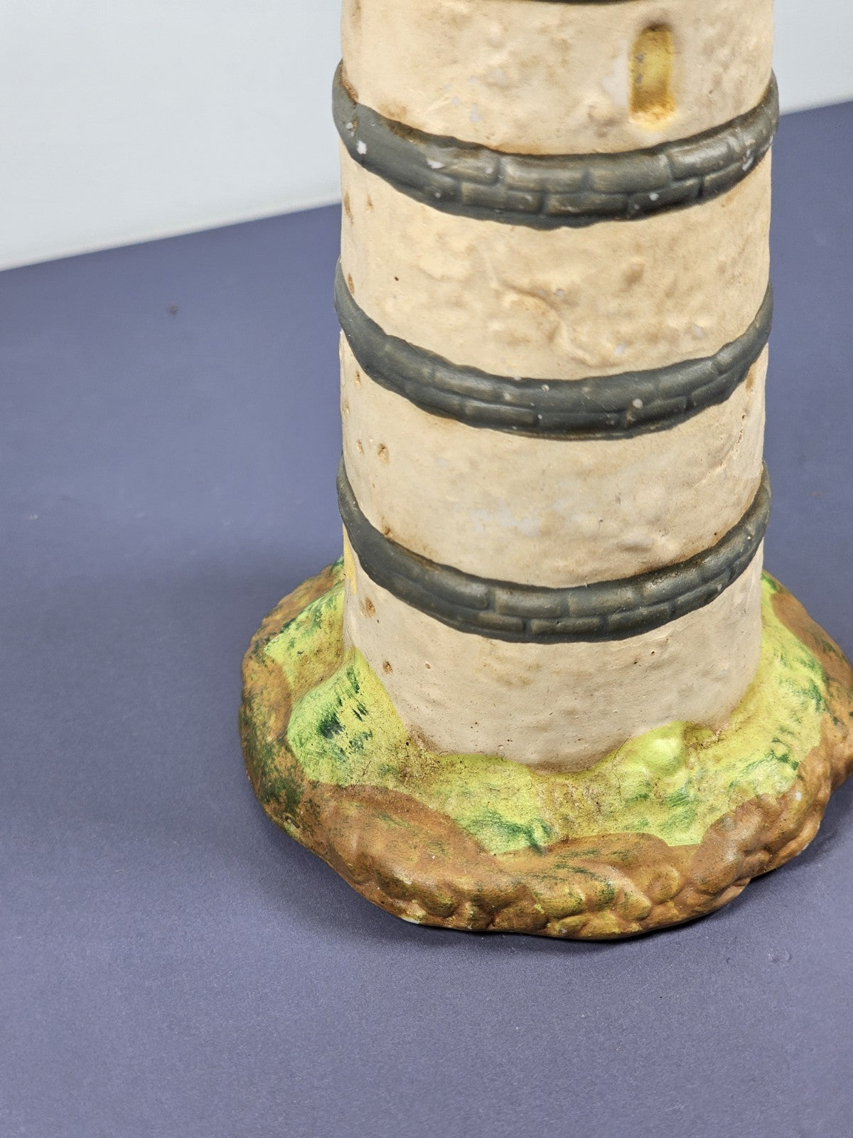 Vintage Ks Collection Beige Plaster Blue Stripe Design Lighthouse 6" Tall