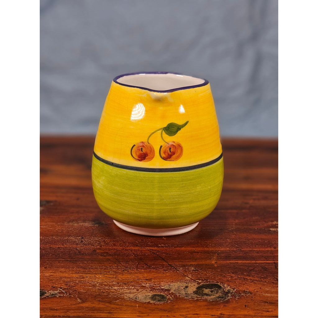 Vintage Ceramic Small Cherry Pitcher Yellow Green Hand Painted Country Kitchen