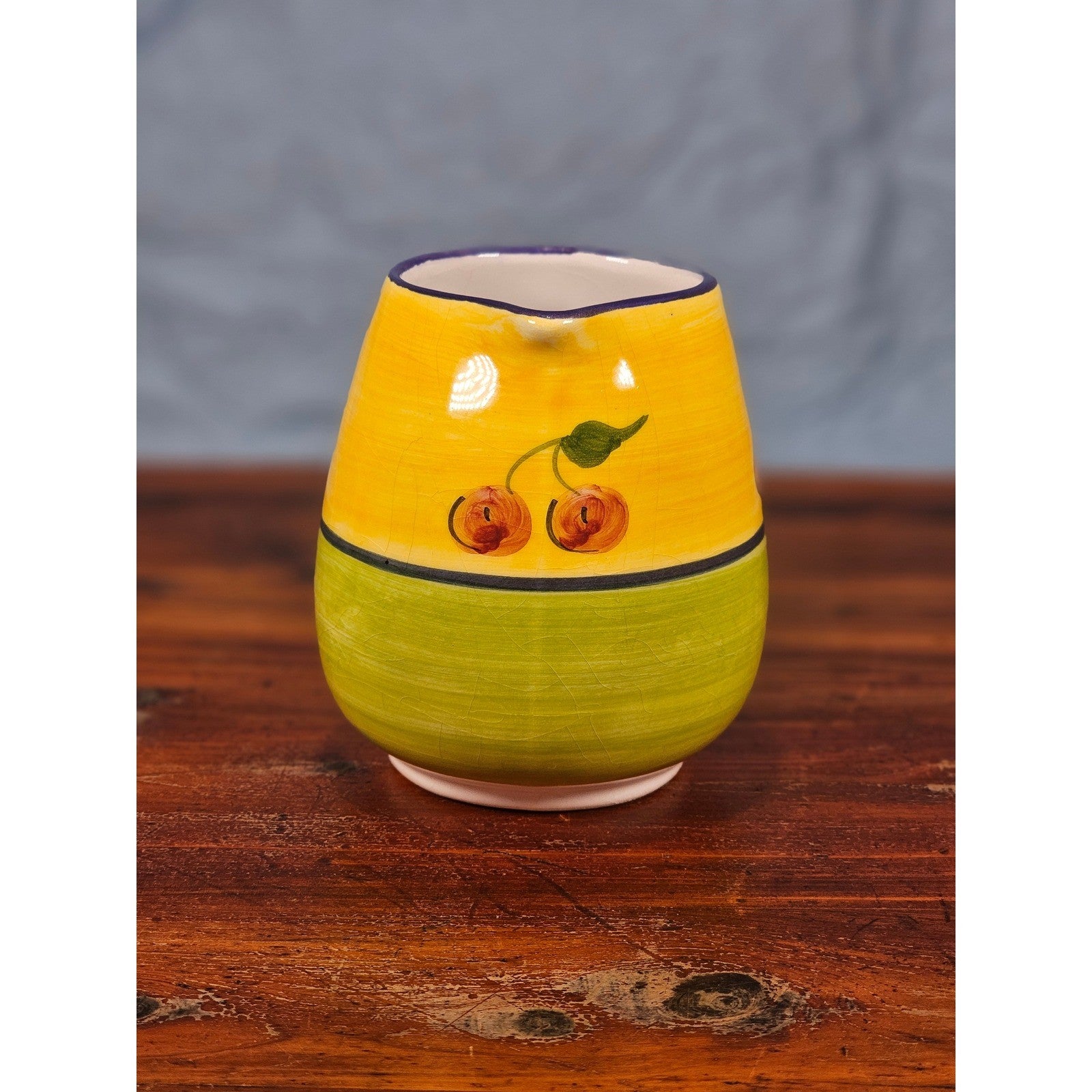 Vintage Ceramic Small Cherry Pitcher Yellow Green Hand Painted Country Kitchen