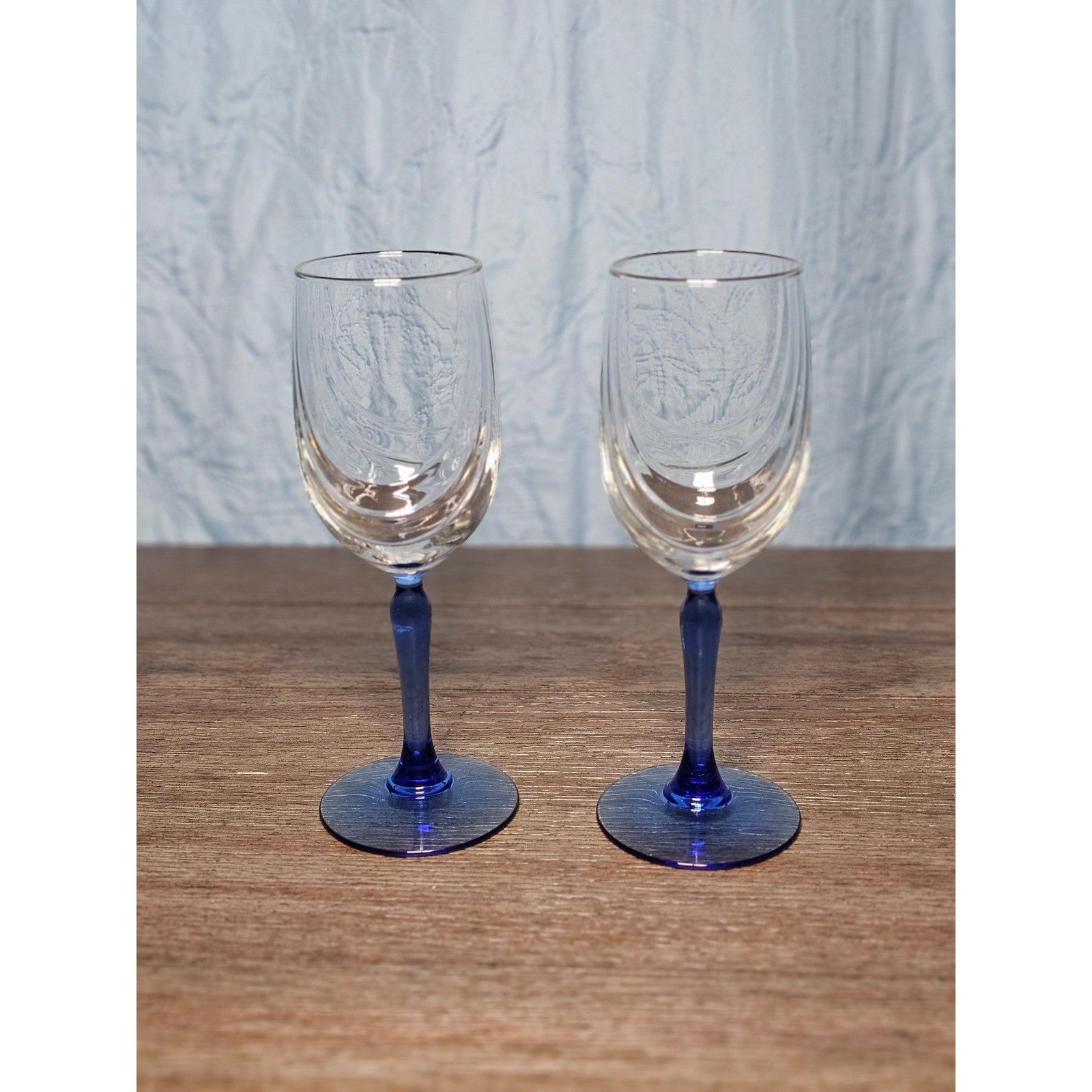 Vintage Blue Stem Wine Glasses Set of 2 Gold Rim Clear Bowl 8 Inch