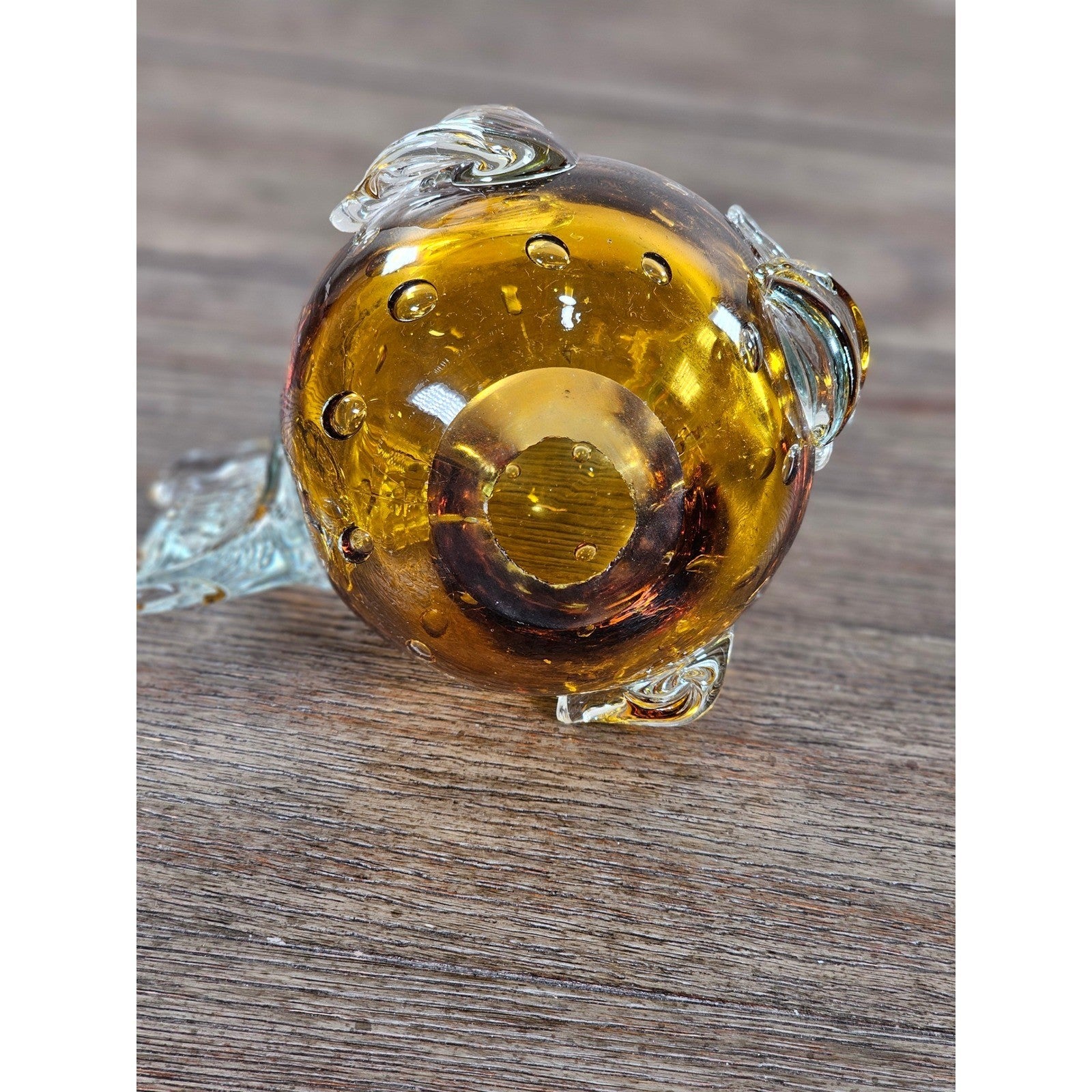 Vintage Amber Art Glass Fish Figurine 5" Hand Blown Bubble Glass