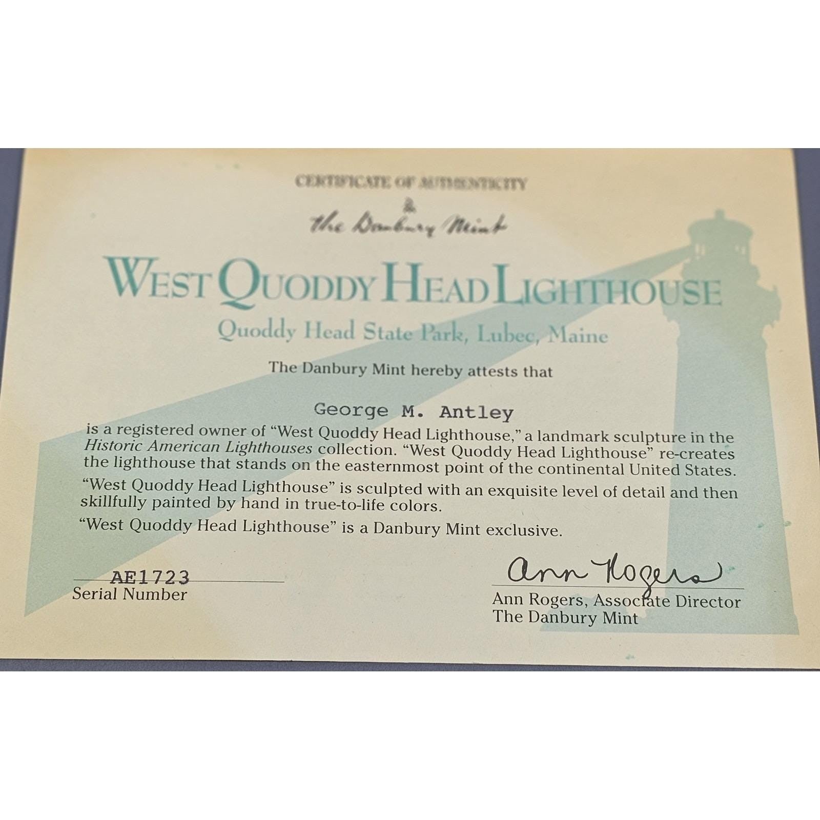 Danbury Mint West Quoddy Head Lighthouse 1994 COA Maine