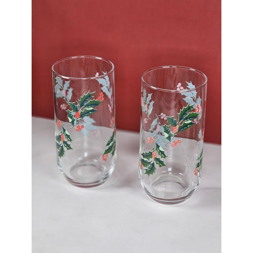 Vintage Indiana Glass Christmas Holly Tumblers Set of 2 Holiday Glasses