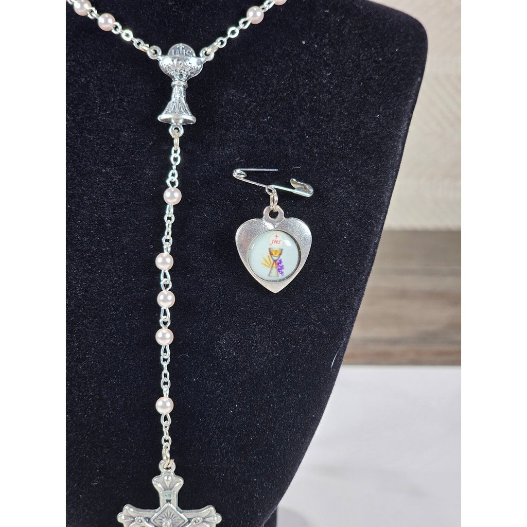 Vintage Rosary Necklace & Heart Pin Set with Case Religious